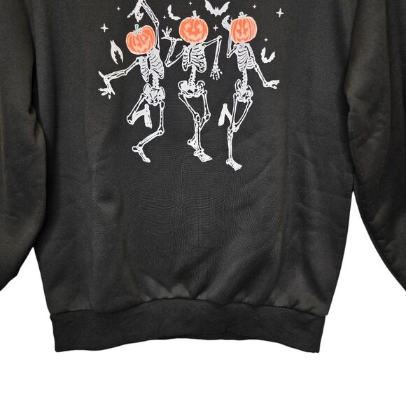 Halloween Medium Dancing Pumpkin Skeleton Black Crewneck Pullover Sweater - Picture 3 of 13